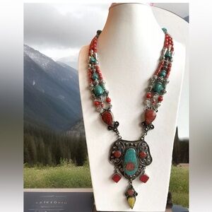 Stunning three strand boho style tribal theme handmade Tibetan silver necklace🔥